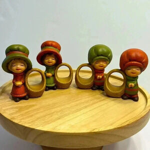 Vintage 70s Holly Hobbie‎ napkin holders 4” tall hand painted girls with baskets